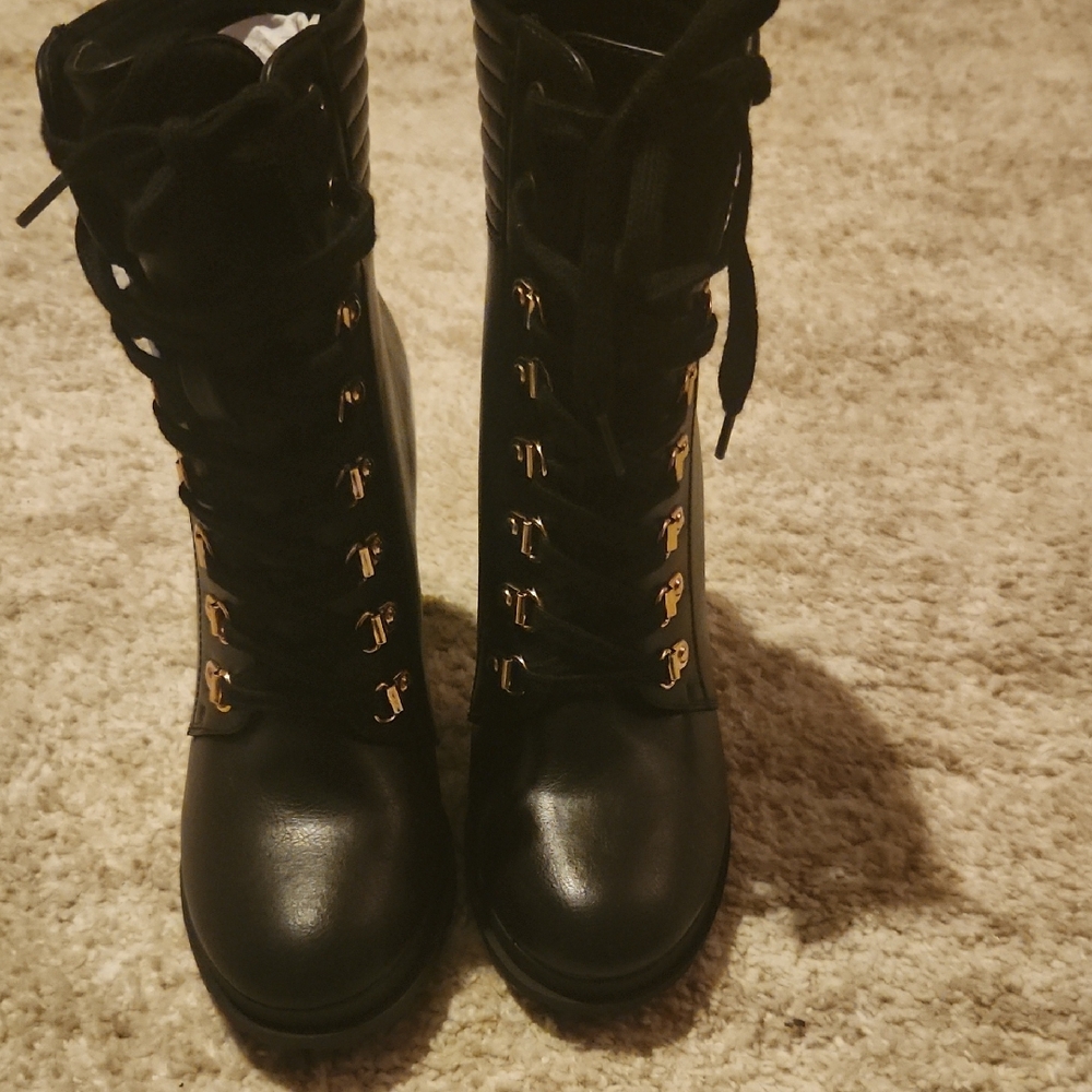 JustFab Black Lace-Up Boots with Gold Accents